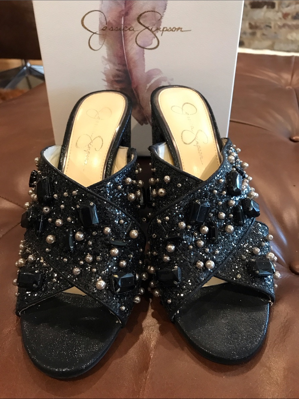 Jessica Simpson Black Chunky Glitter Mules 9